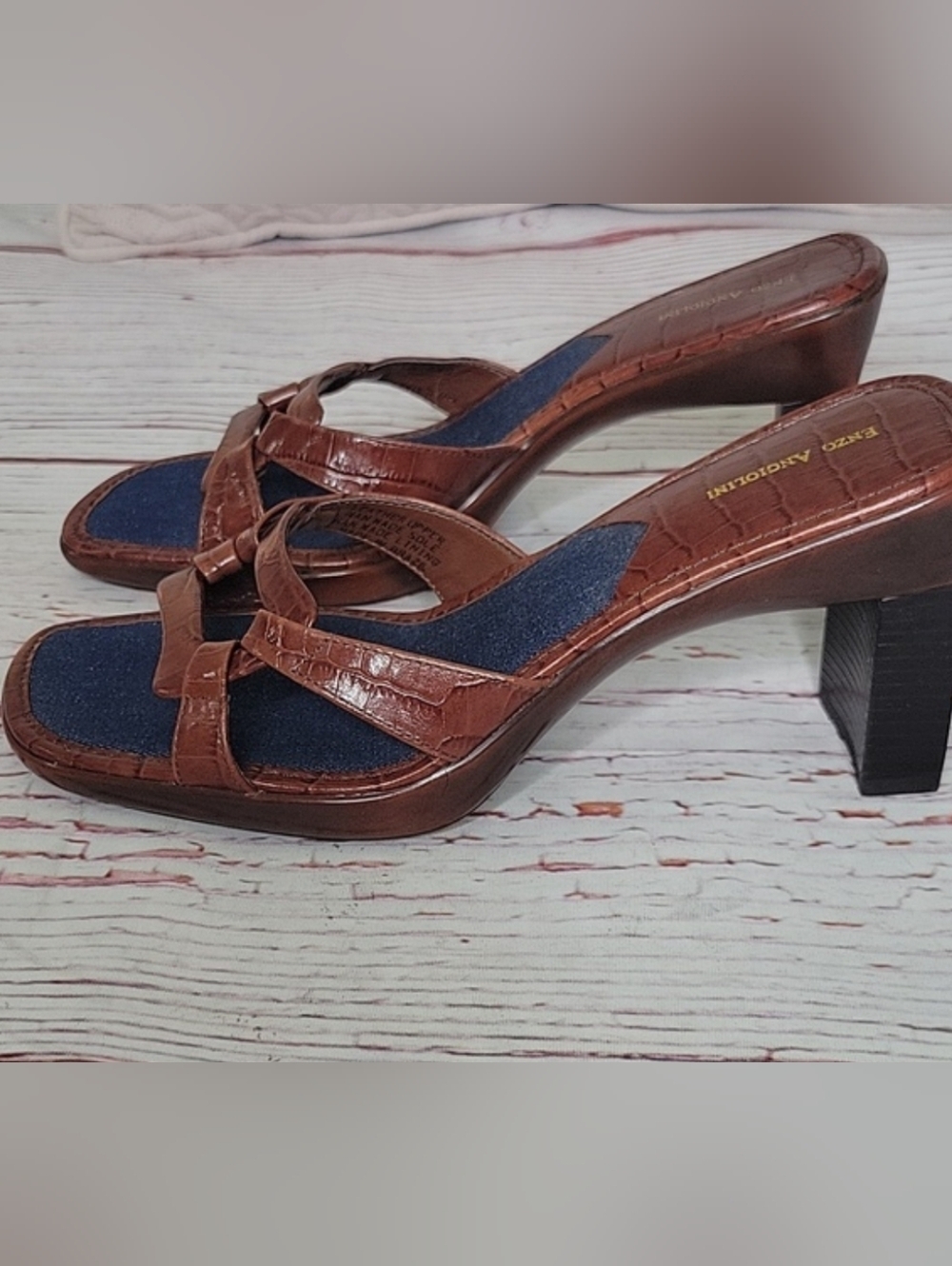 Enzo Angiolini Women’s Brown Leather Croc-Effect Heeled Sandals Size 8